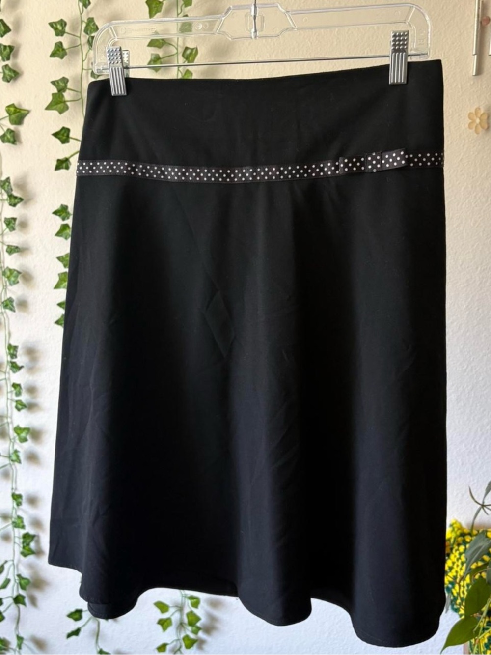 Vintage Joe Benbasset Black A-Line Knee Length Skirt Polka Dot Trim With Bow